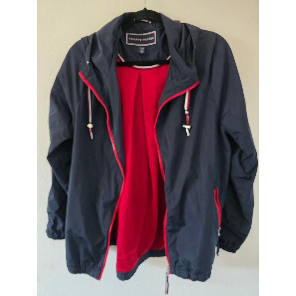 Tommy Hilfiger Mens Navy Blue Windbreaker Hooded Mesh Lined Jacket Large